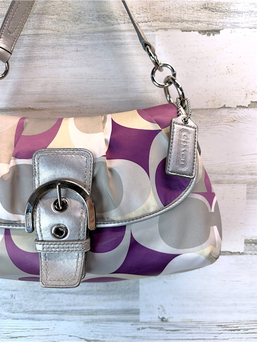 Coach Soho Purple Gray Op Art Satin Shoulder Bag Silver Buckle Hobo Purse - Picture 5 of 12